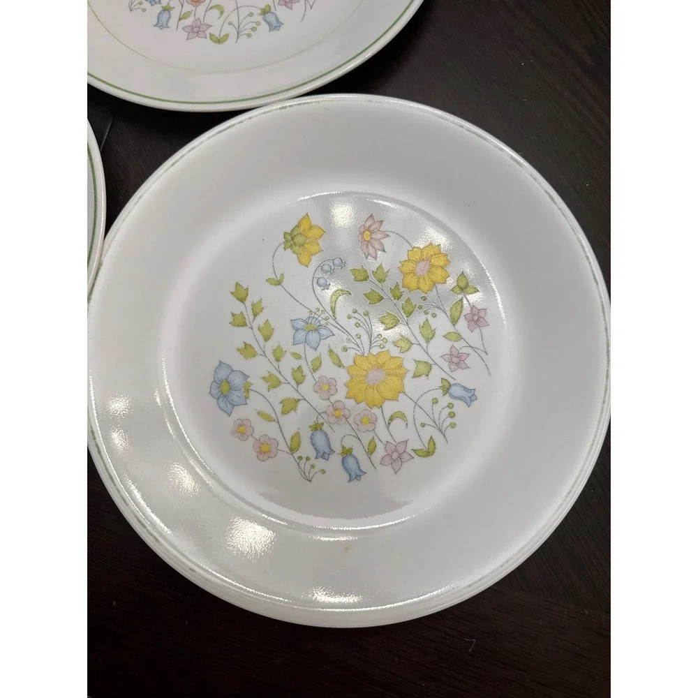 Corelle Meadow Dinner Plates Set of 3 Floral Wildflower Green Rim Vitrelle Glass